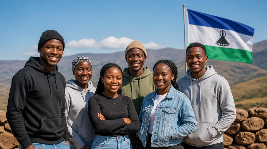 A mixed group of young Basotho women and men together with the Lesotho flag