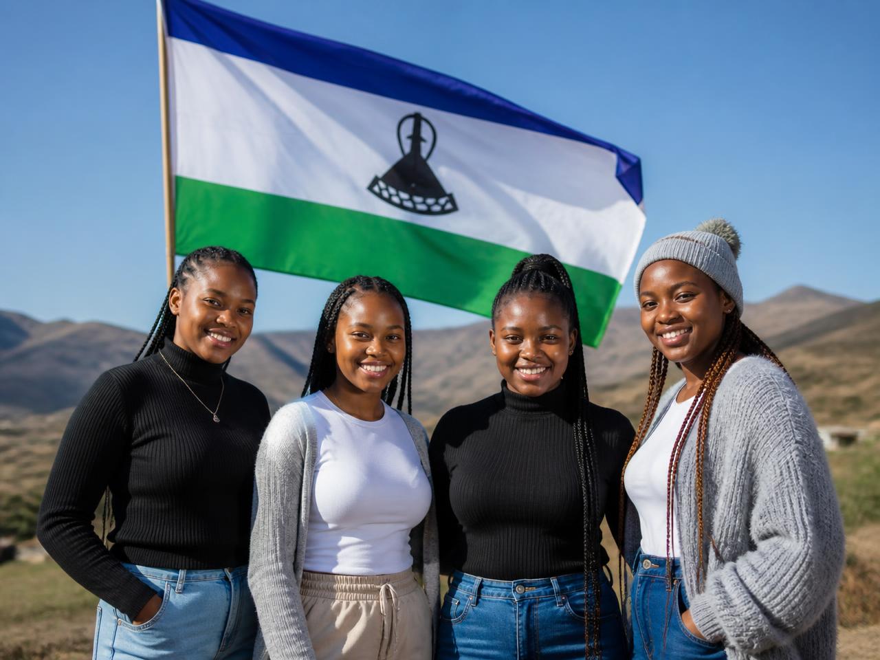 Young Basotho women standing together in front of the Lesotho national flag