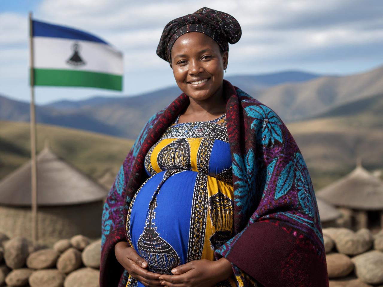 A pregnant Basotho woman smiling, with the Lesotho flag in the background